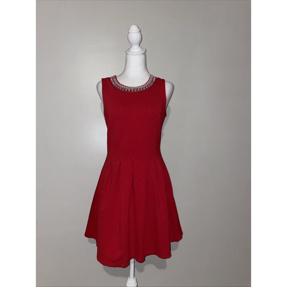 Monteau Los Angeles M Red Fit Flare Dress Pearl Beaded Neckline Party Mini